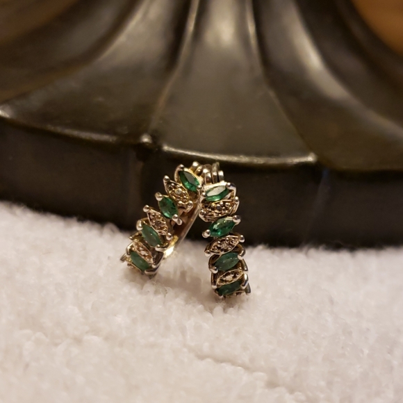 Emerald & Diamond Huggy Hoop Earrings - Picture 2 of 4